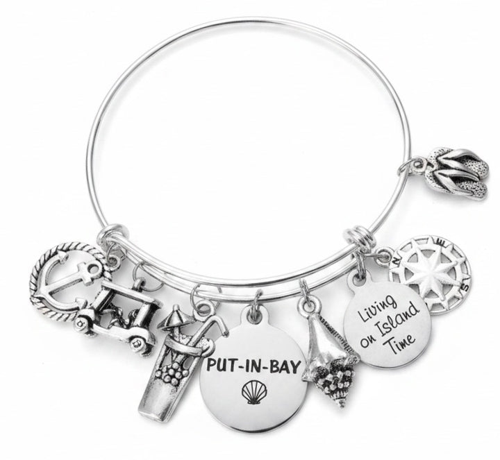 Put-in-Bay silver expandable charm bracelet with anchor, compass rose, seashell, starfish, and Living on Island Time disc — Lake Erie island jewelry by Jules Obsession