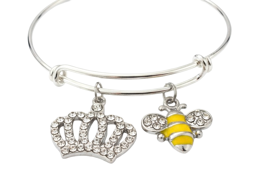 Silver expandable charm bangle bracelet with crystal rhinestone pavé crown charm and yellow enamel bumblebee charm with crystal wings — Queen Bee gift bracelet for her by Jules Obsession