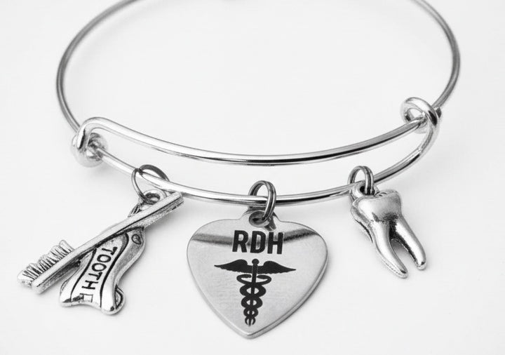 RDH Registered Dental Hygienist Charm Bracelet | Dental Hygienist Gift | Silver Bangle