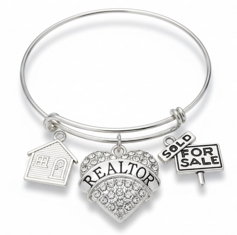 Realtor Gift Bracelet | Crystal Heart, House & For Sale Sign Charm Bangle  Silver bracelet with 'REALTOR' heart charm, house charm, and 'SOLD FOR SALE' sign charm on a white background