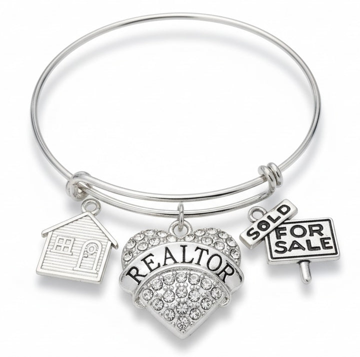 Realtor Gift Bracelet | Crystal Heart, House &amp; For Sale Sign Charm Bangle  Silver bracelet with &