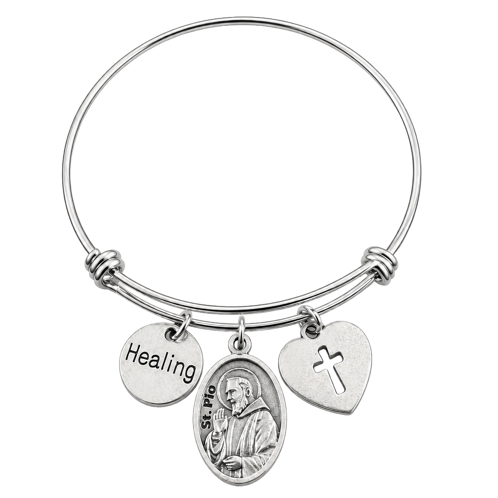 Silver Saint Pio healing bracelet with oxidized medal and cutout cross charm 