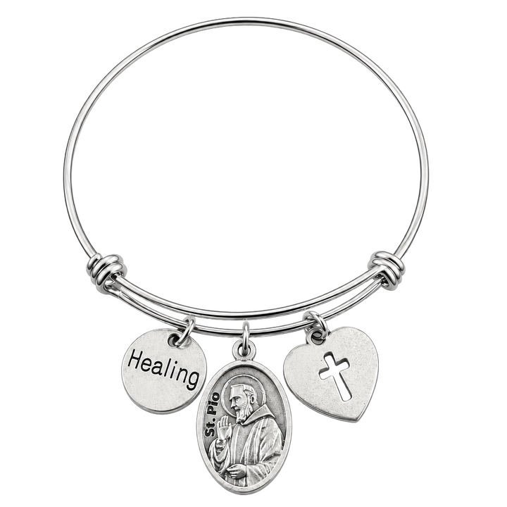 Silver Saint Pio healing bracelet with oxidized medal and cutout cross charm 