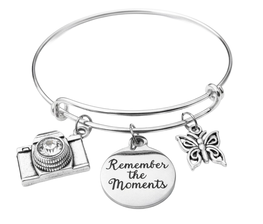 Remember the Moments Bracelet | Camera &amp; Butterfly Charm Bangle | Photographer Gift