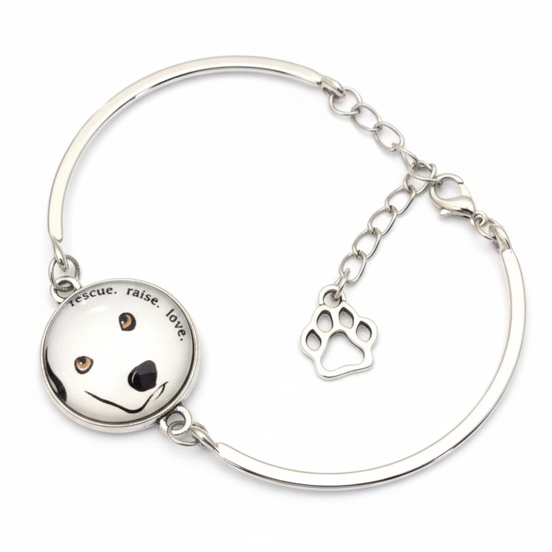 Rescue Dog Bracelet Silver | Rescue Raise Love Charm Bangle | Adjustable Dog Lover Gift Jewelry