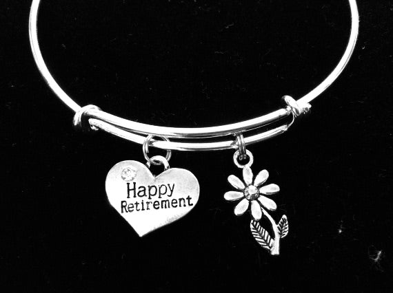 Happy Retirement Bracelet – Silver Daisy &amp; Heart Charm Expandable Bangle | Retirement Gift for Women