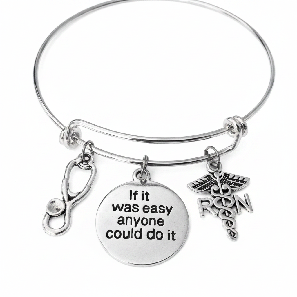 RN Registered Nurse charm bangle bracelet with stethoscope, inspirational quote disc, and RN caduceus charms on polished silver expandable wire bangle 
