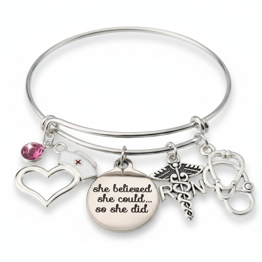 Silver RN Charm Bracelet Adjustable Bangle with Stethoscope Heart and She Believed She Could So She Did Charms Gift for Registered Nurse Graduation or Retirement
