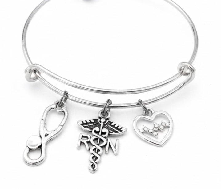 RN Registered Nurse Bracelet - Adjustable Silver Charm Bangle | Stethoscope EKG Heartbeat Gift
