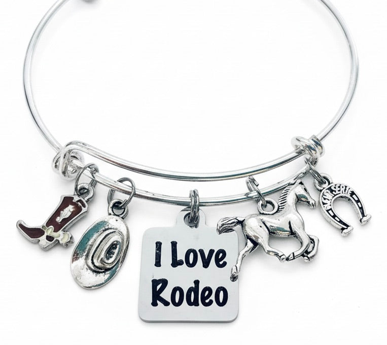 Rodeo Charm Bracelet - Expandable Silver Bangle with Western Cowboy Charms