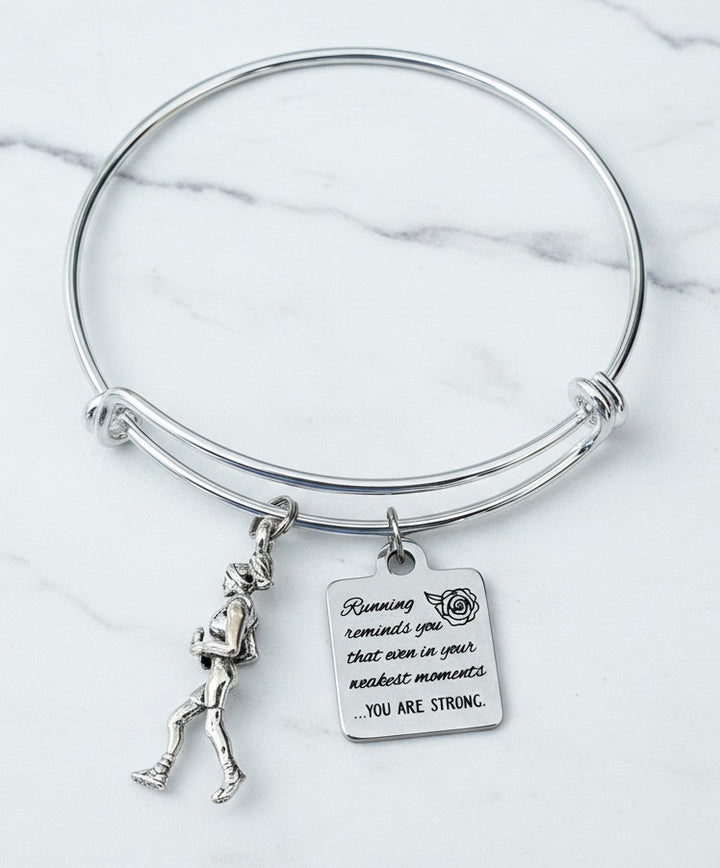 Runner Charm Bangle Bracelet | You Are Strong Motivational Gift for Runners &amp; Athletes