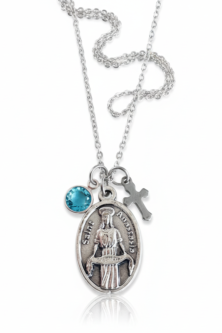 Saint Anastasia Necklace, Oxidized Silver Patron Saint of Martyrs, Personalized Birthstone Jewelry, Recovery Gift, Catholic Confirmation