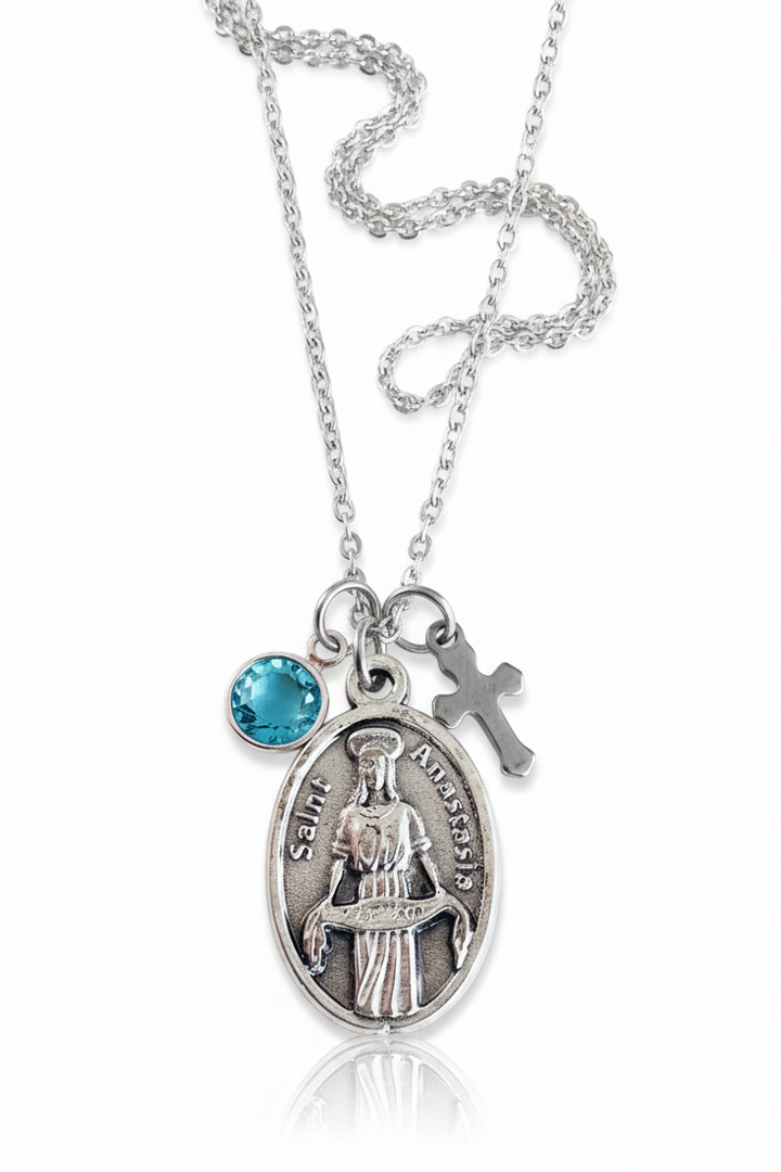 Saint Anastasia Necklace, Oxidized Silver Patron Saint of Martyrs, Personalized Birthstone Jewelry, Recovery Gift, Catholic Confirmation
