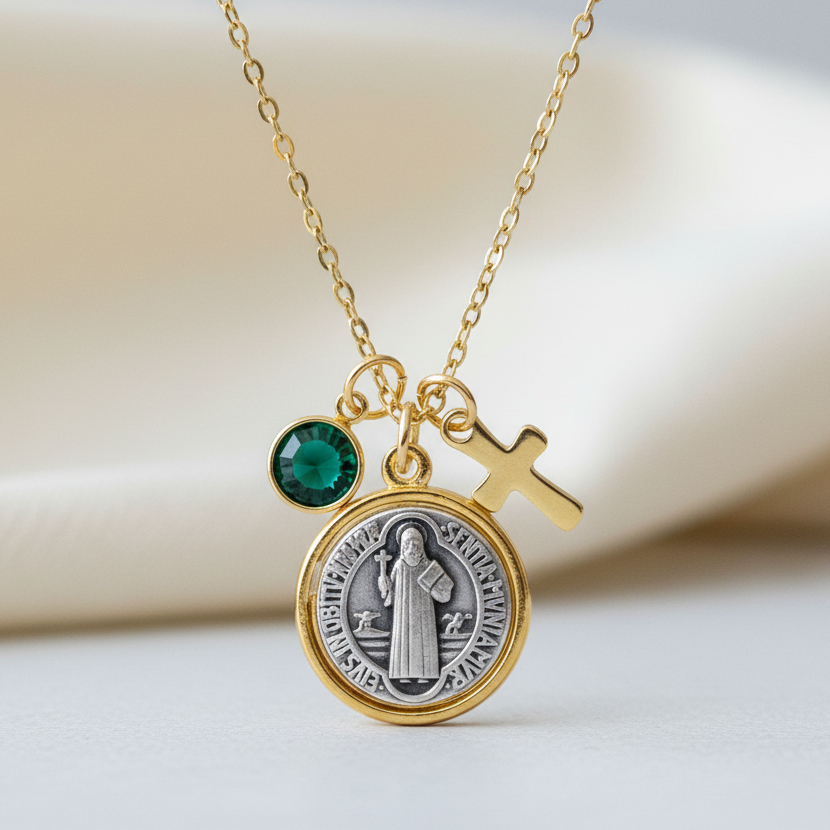 A gold-plated Saint Benedict protection medal necklace featuring a red Austrian crystal birthstone and a small gold cross charm,