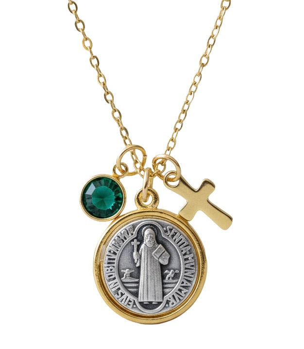 Saint Benedict medal gold necklace with personalized birthstone charm