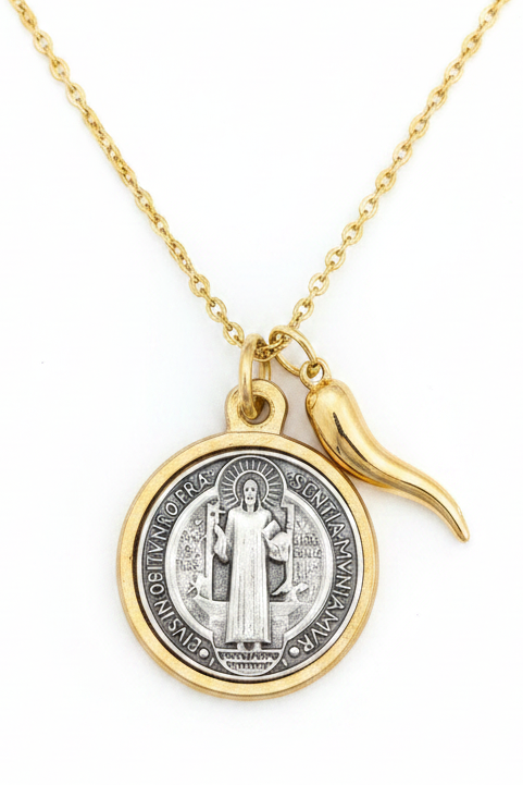 Saint Benedict antique silver medal pendant with Latin engraving and gold cornicello Italian horn charm on gold cable chain necklace 