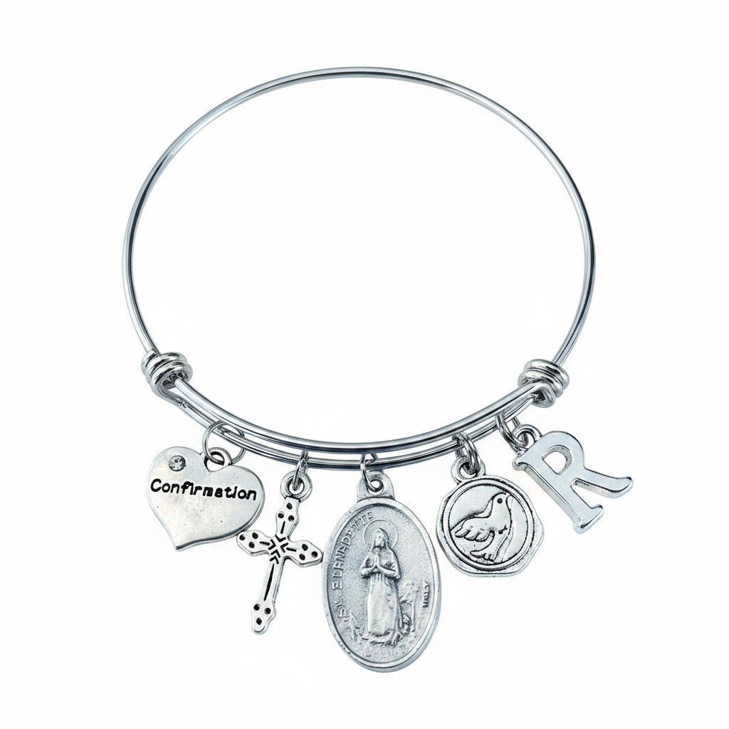 Confirmation charm bangle bracelet with St. Bernadette oval saint medal, cross charm, dove medallion, Confirmation heart, and letter initial charm