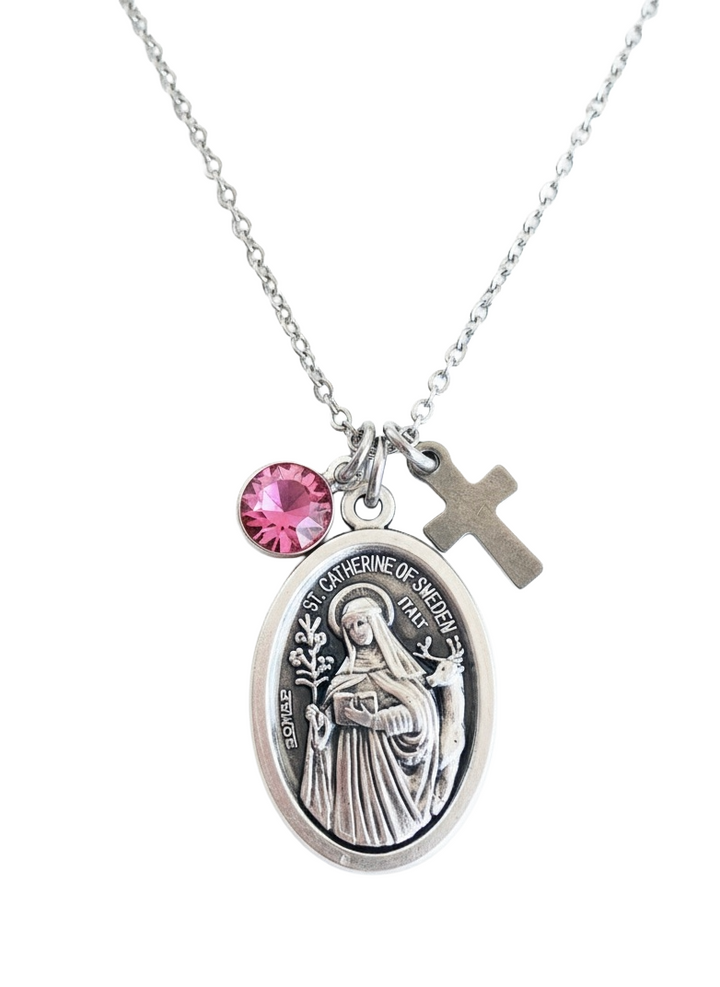 Saint Catherine of Sweden Necklace – Italian Medal with Birthstone &amp; Cross Charm