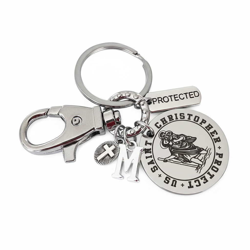 Saint Christopher Keychain, Personalized Initial Charm, Protect Us  Religious Keychain, Catholic Gift