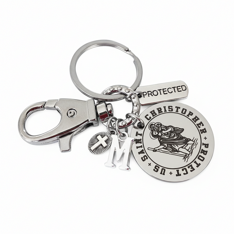 Saint Christopher Keychain, Personalized Initial Charm, Protect Us  Religious Keychain, Catholic Gift