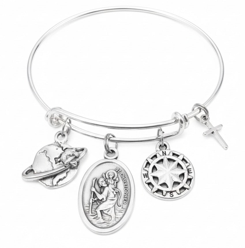 Saint Christopher Charm Bracelet Silver Plated Adjustable Bangle with Travel Compass Cross and World Charms