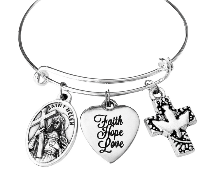 Saint Helen Charm Bracelet – Faith Hope Love Expandable Bangle with Cross and Dove Charms – Religious Gift for Women and Girls