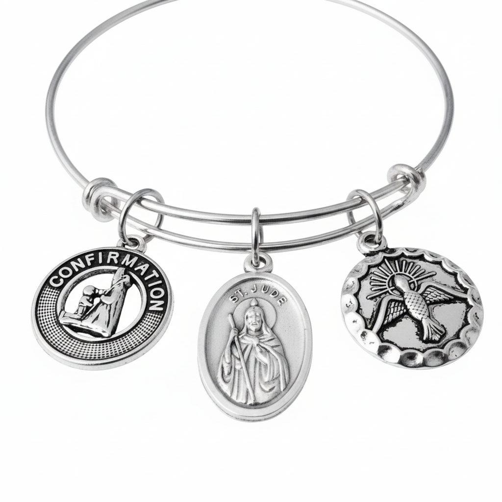Confirmation Saint Jude Expandable Charm Bracelet Silver - San Judas Tadeo Adjustable Bangle with Dove