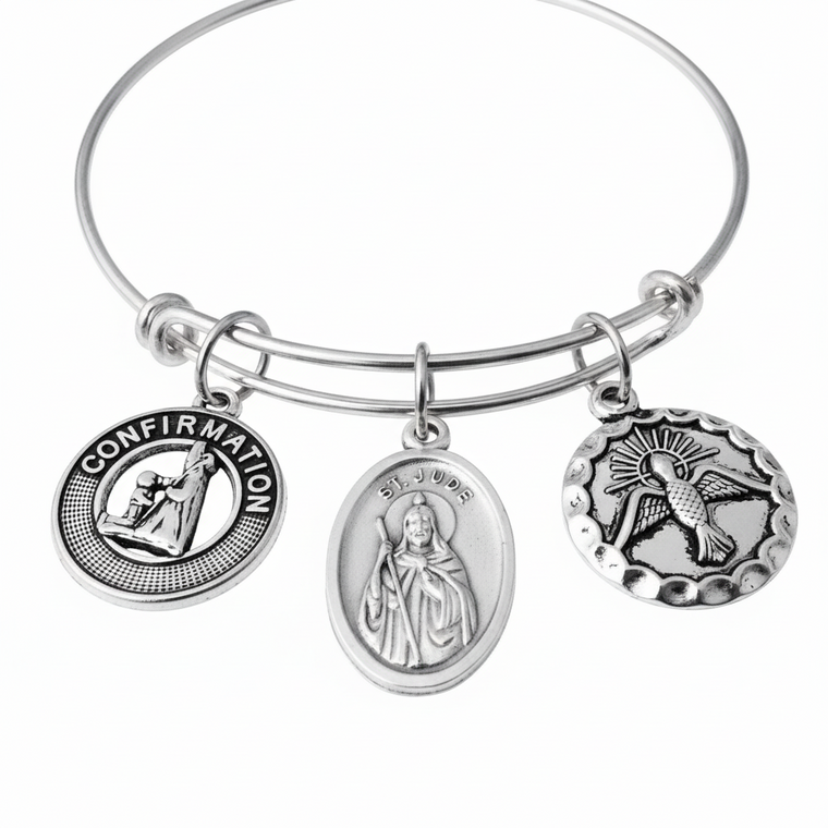 Confirmation Saint Jude Expandable Charm Bracelet Silver - San Judas Tadeo Adjustable Bangle with Dove