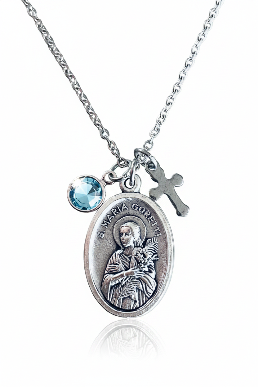 Saint Maria Goretti Necklace – Italian Medal with Birthstone &amp; Cross Charm | Purse Clip Option