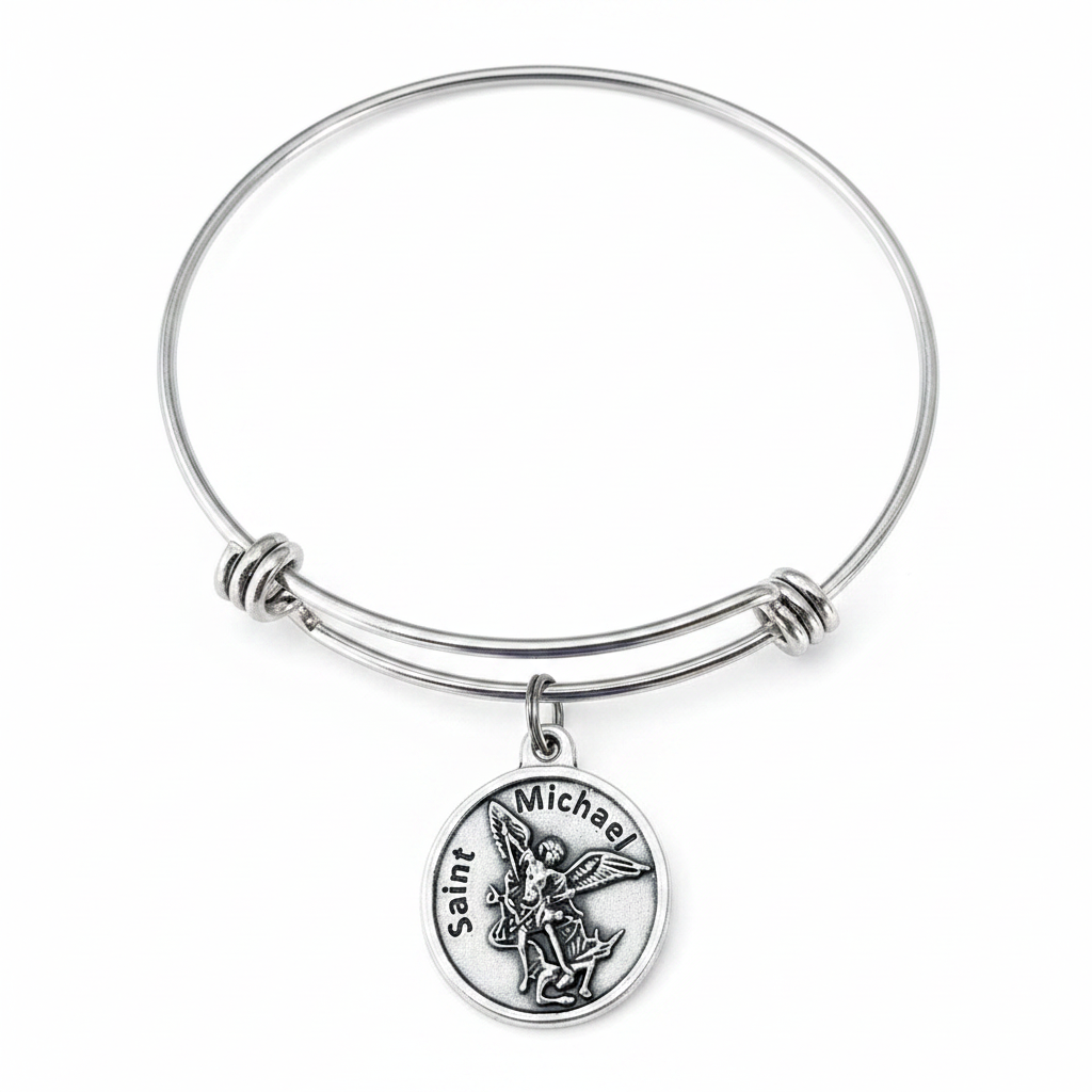 silver expandable bangle bracelet with Saint Michael the Archangel antique silver medal charm — Serve and Protect police gift, Catholic patron saint jewelry by Jules Obsession
