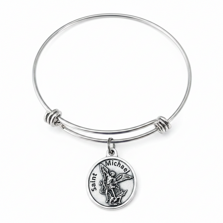 silver expandable bangle bracelet with Saint Michael the Archangel antique silver medal charm — Serve and Protect police gift, Catholic patron saint jewelry by Jules Obsession
