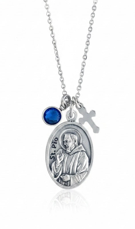 Saint Padre Pio Necklace, Italian Medal, Personalized Birthstone, Stainless Steel Chain