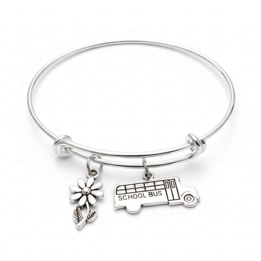 School Bus Driver Charm Bracelet – Silver Expandable Bangle with Flower & Bus Charms – Appreciation Gift for Women