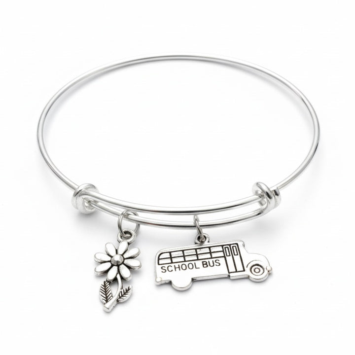 School Bus Driver Charm Bracelet – Silver Expandable Bangle with Flower &amp; Bus Charms – Appreciation Gift for Women