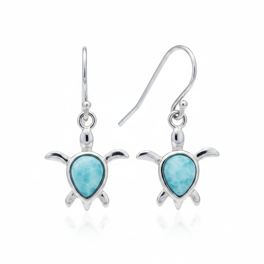 Sterling silver sea turtle dangle earrings with genuine Dominican larimar gemstone inlay, aqua blue stones in silver turtle charms with fishhook ear wires, 