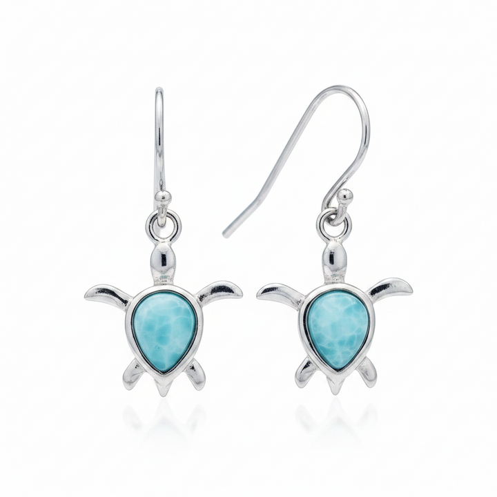 Sterling silver sea turtle dangle earrings with genuine Dominican larimar gemstone inlay, aqua blue stones in silver turtle charms with fishhook ear wires, 