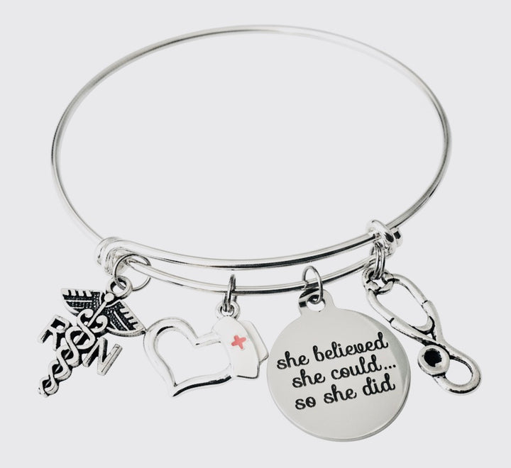 She Believed She Could Bracelet | RN Nurse Charm Bangle | Registered Nurse Graduation Gift