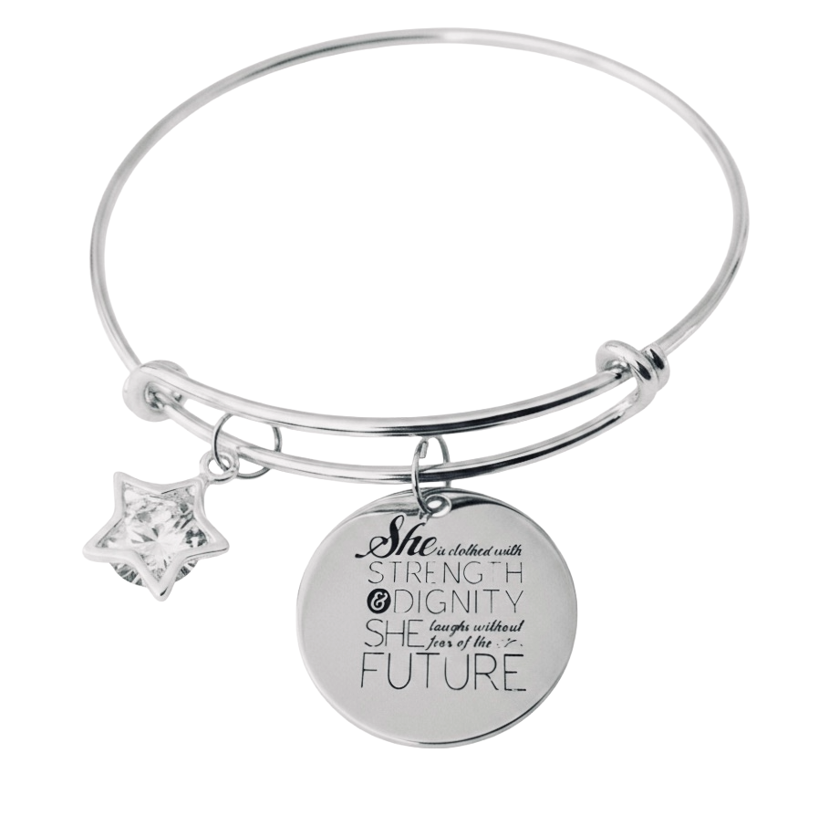Silver expandable bangle bracelet with crystal rhinestone star charm and engraved round disc charm reading She is clothed with Strength and Dignity She laughs without fear of the Future