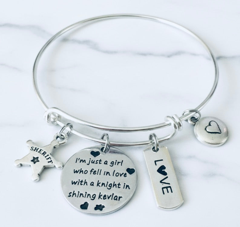 Silver expandable bangle bracelet with sheriff star badge charm engraved I&