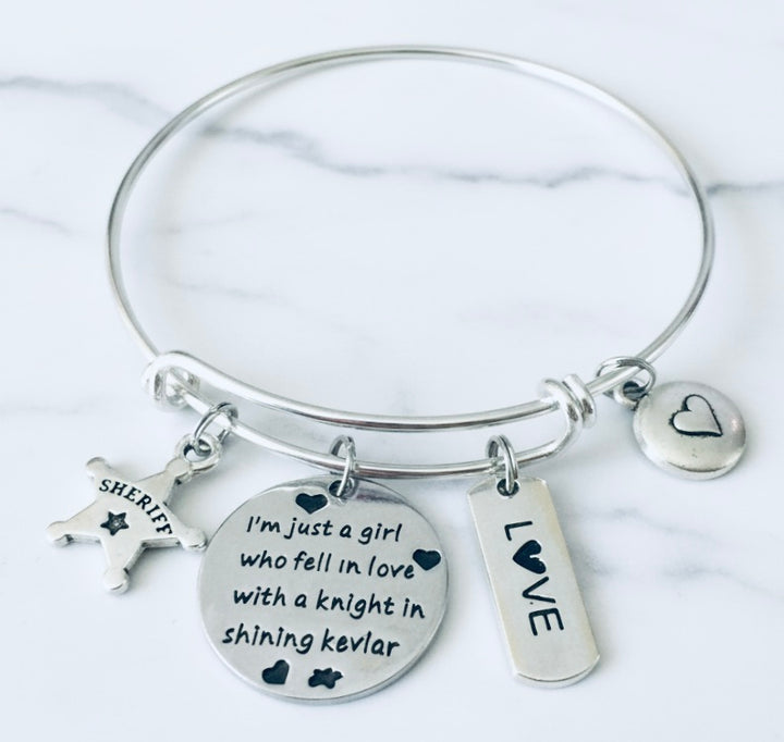 Silver expandable bangle bracelet with sheriff star badge charm engraved I&