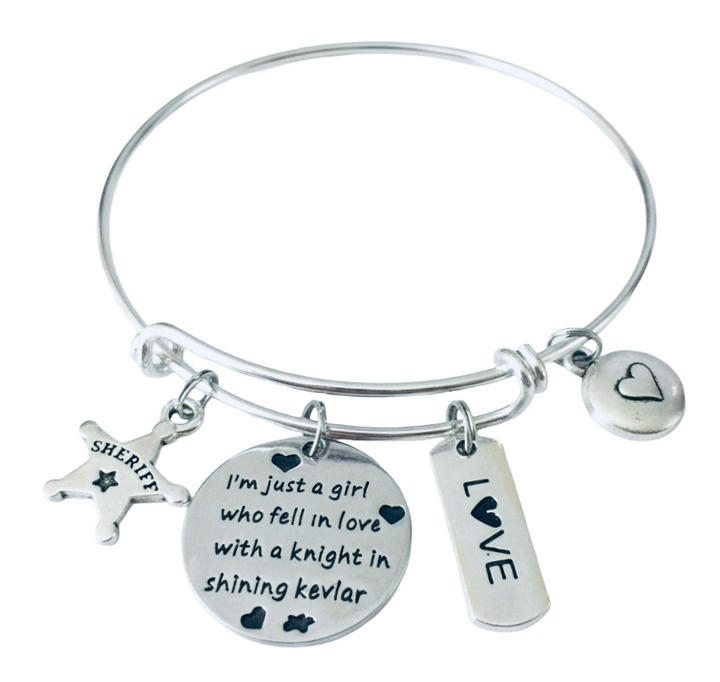 Silver expandable bangle bracelet with sheriff star badge charm, round disc engraved I&