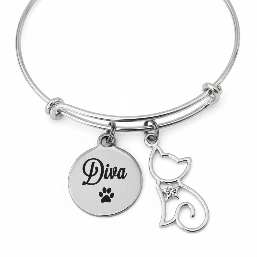 Diva Cat Charm Bracelet Silver Expandable Bangle with Paw Print, Adjustable Cat Lover Gift Jewelry for Women
