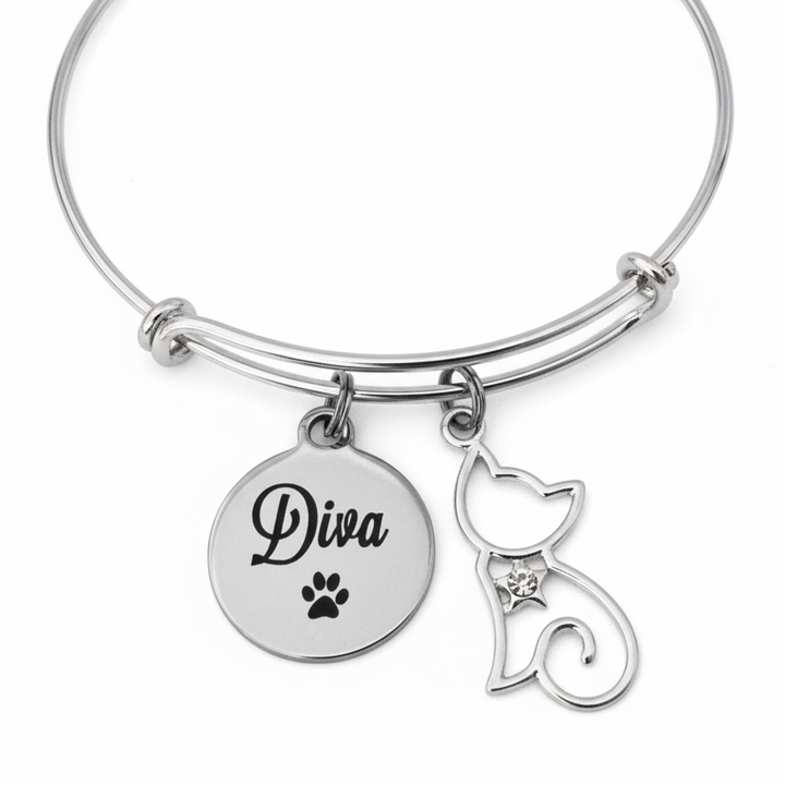 Diva Cat Charm Bracelet Silver Expandable Bangle with Paw Print, Adjustable Cat Lover Gift Jewelry for Women