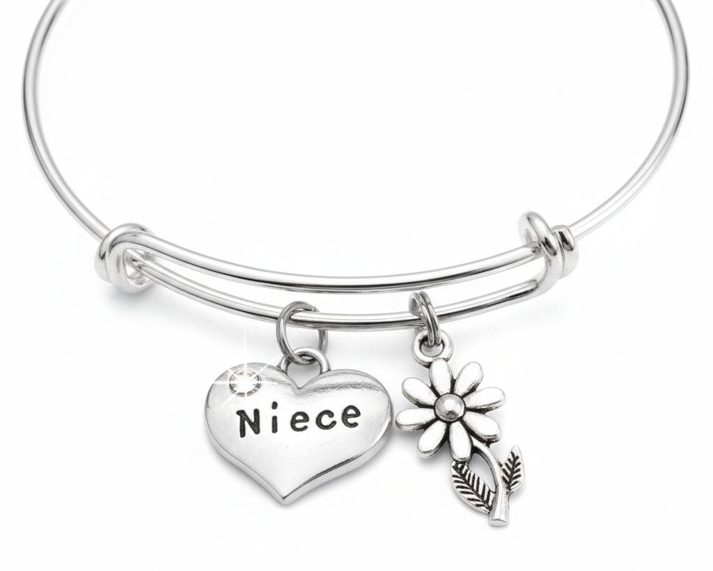 Silver Niece Charm Bracelet - Adjustable Expandable Wire Bangle with Heart Crystal Daisy Charms