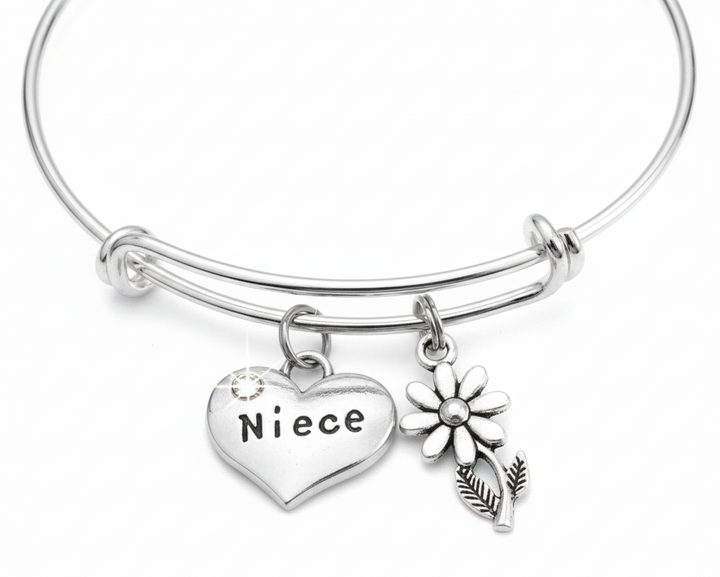 Silver Niece Charm Bracelet - Adjustable Expandable Wire Bangle with Heart Crystal Daisy Charms