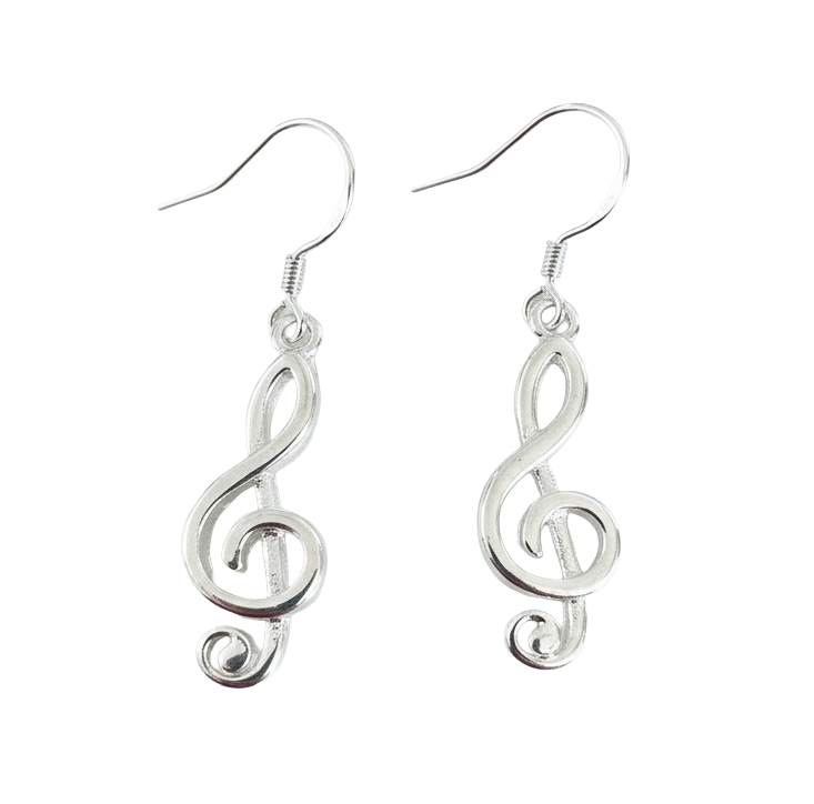 Pair of polished silver treble clef dangle earrings with French hook ear wires on a white marble surface — lightweight music note jewelry gift for musicians, singers, choir directors, and music teachers