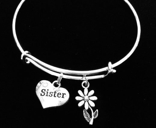 Sister Bangle Bracelet – Adjustable Silver Bracelet with Heart & Daisy Charms | Meaningful Sister Gift