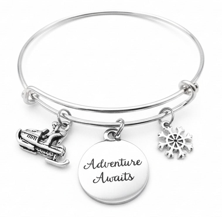 Snowmobile Bracelet Gift - Silver Charm Bangle for Winter Sports Enthusiasts | Adjustable Snowmobiling Jewelry