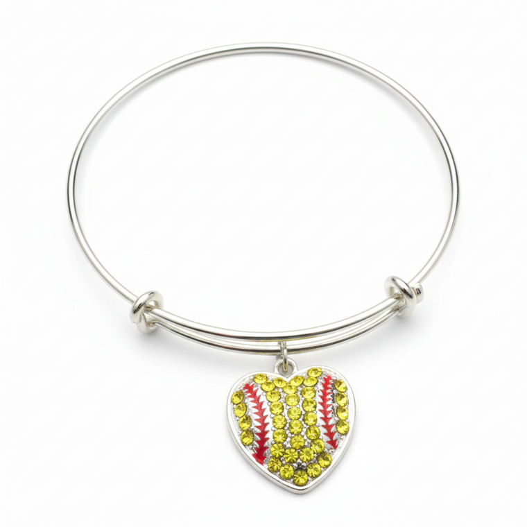 Softball Gift Bracelet | Crystal Heart Charm | Silver Expandable Bangle | Adjustable