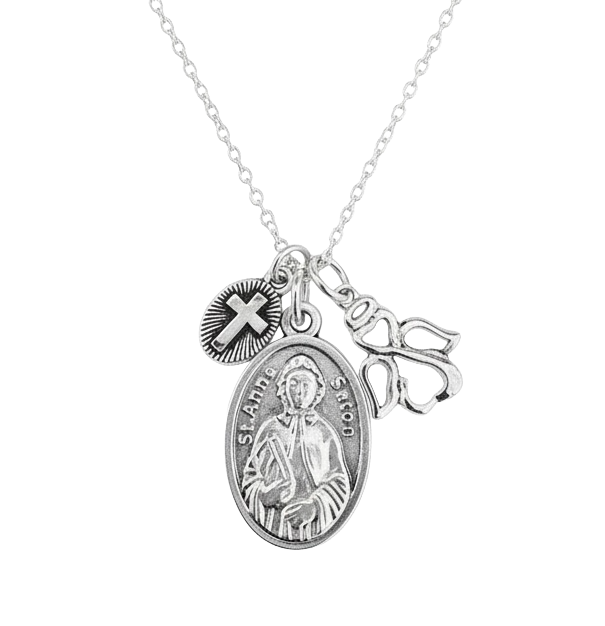 Silver stainless steel chain necklace with Saint Elizabeth Ann Seton oval medal charm, sunburst cross charm, and angel charm — Catholic jewelry gift by Jules Obsession